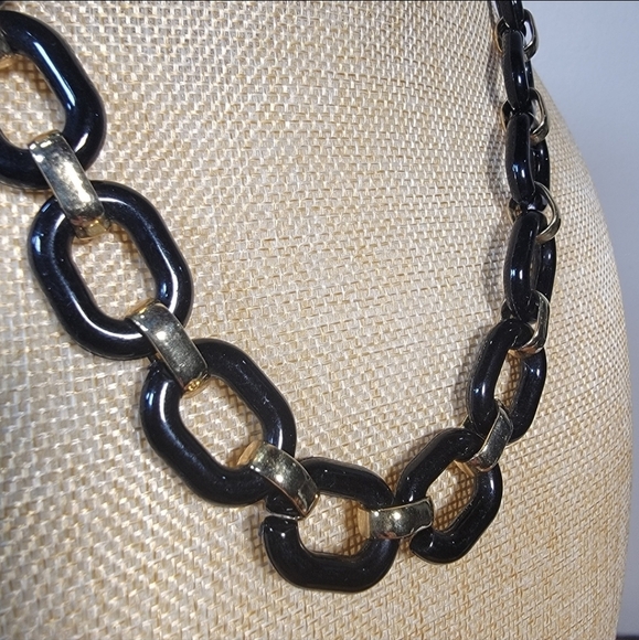 Black and Gold Tone Chain Link Necklace Classic Statement Chunky Resin - Picture 2 of 16